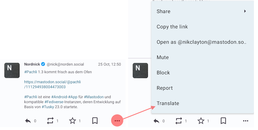 Screenshot showing the "Translate" menu for a post