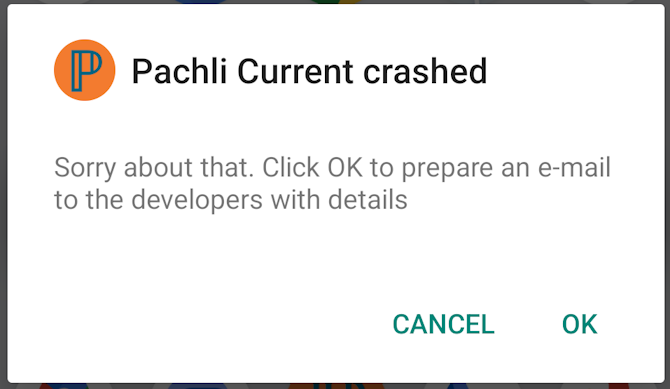 Screenshot showing Pachli Current crash dialog