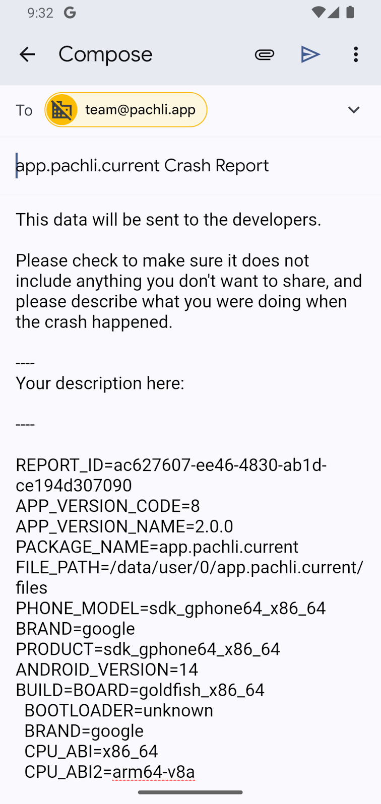 Screenshot showing Pachli Current crash e-mail