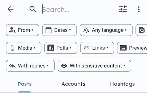 Pachli search screen, with filter operators open