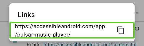 Accessibility dialog showing one link from a post with a copy button