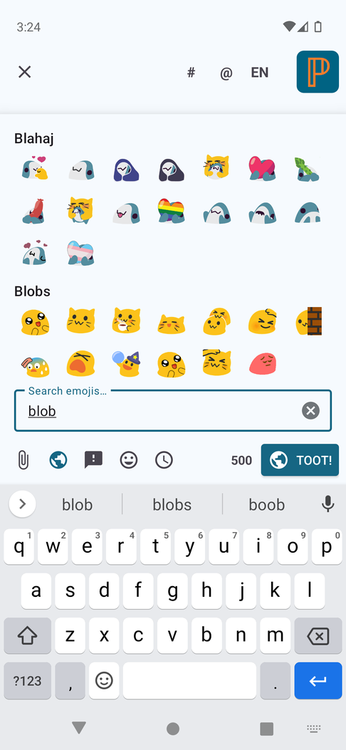 Post editor showing the new emoji picker, filtered to 'blob'