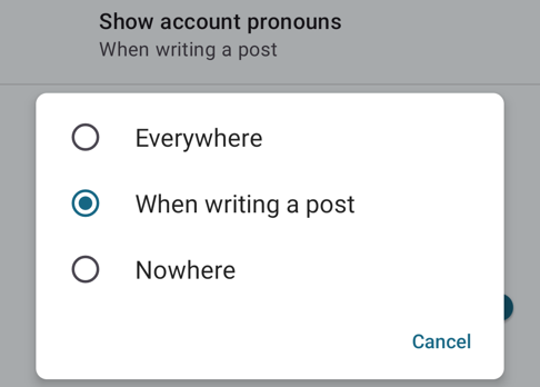 New 'Show account pronouns' preference