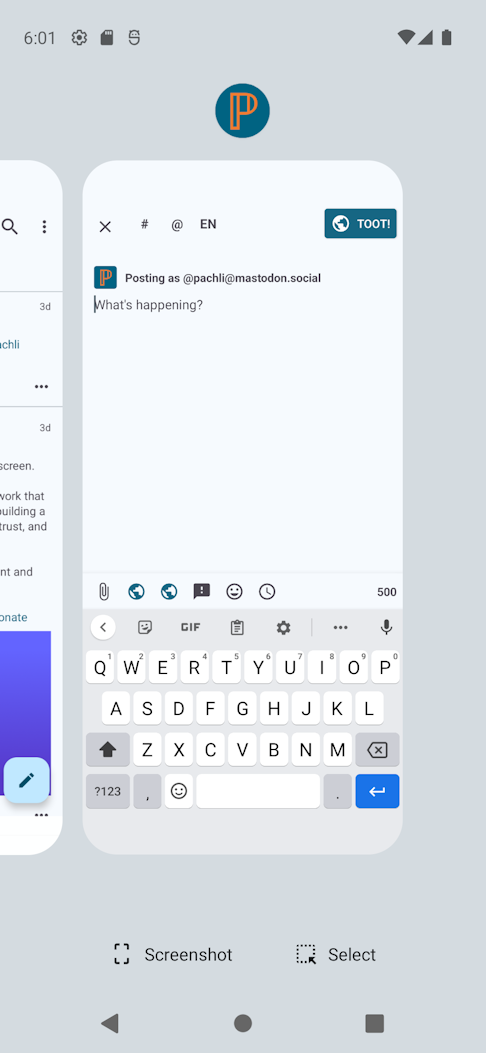 Recents list, showing Compose screen, with Home feed on the left