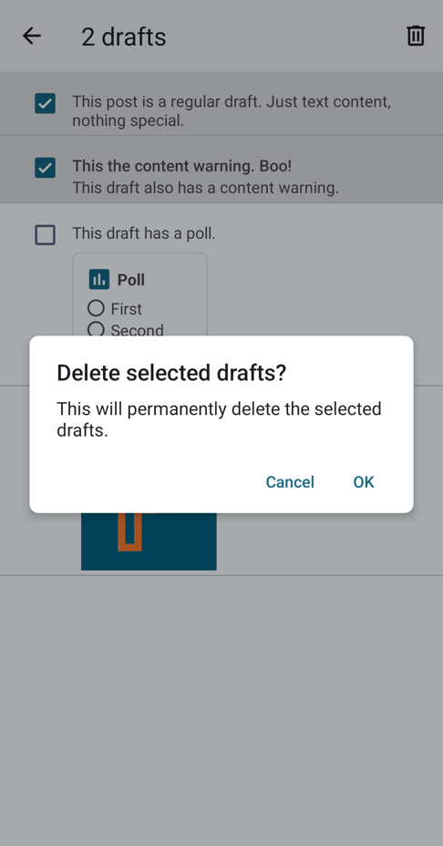2 drafts selected, dialog to confirm deletion is active