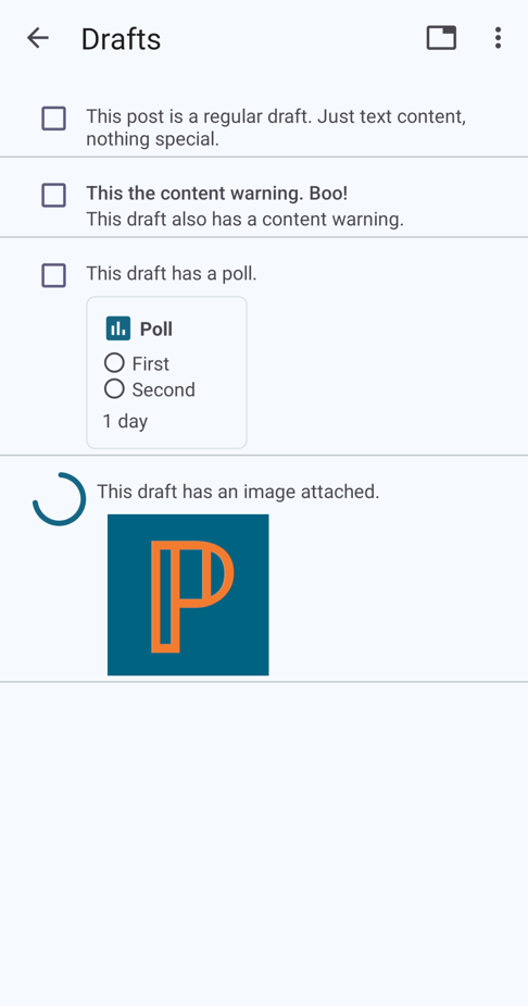 Bottom draft is being sent, with a spinning progress indicator on the left of the draft