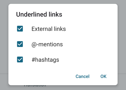 Options dialog for underlined links